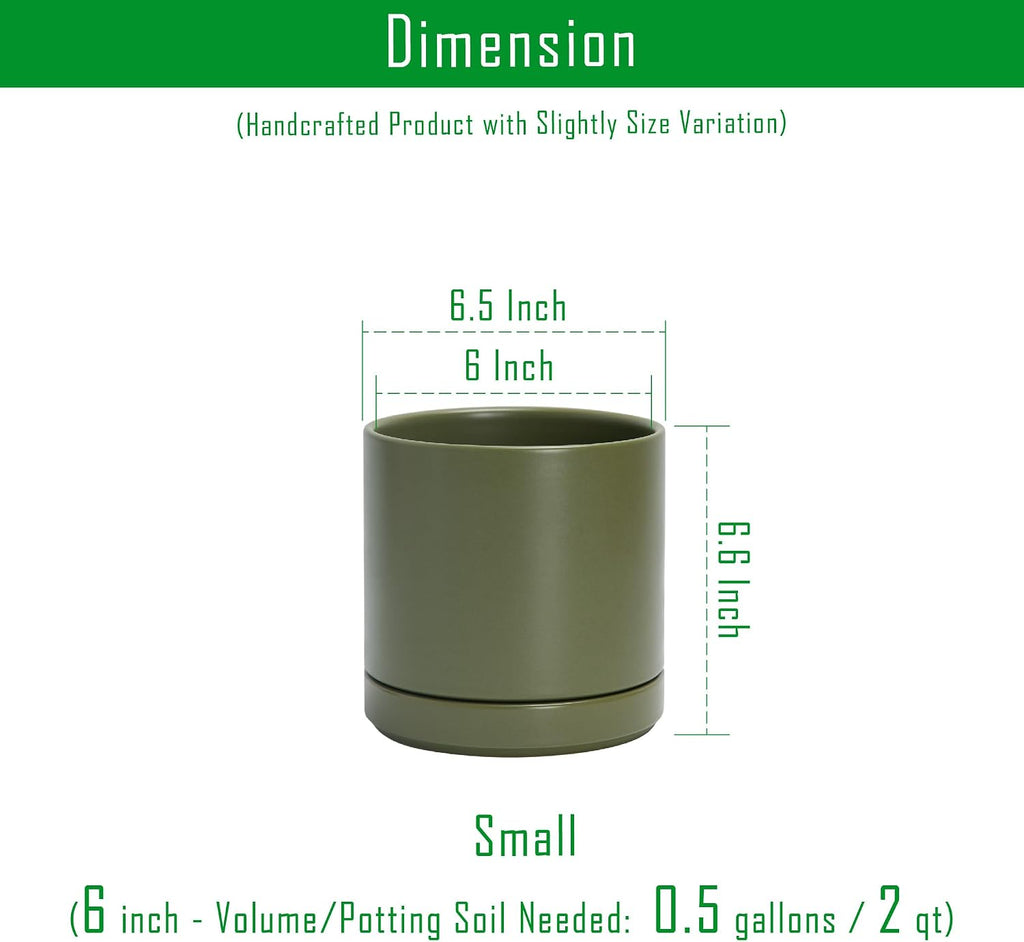 D'vine Dev 6.5 Inch Ceramic Planter Pot, Olive, 94-O-C-J | Modern Cylinder Design, Drainage Hole & Saucer Included