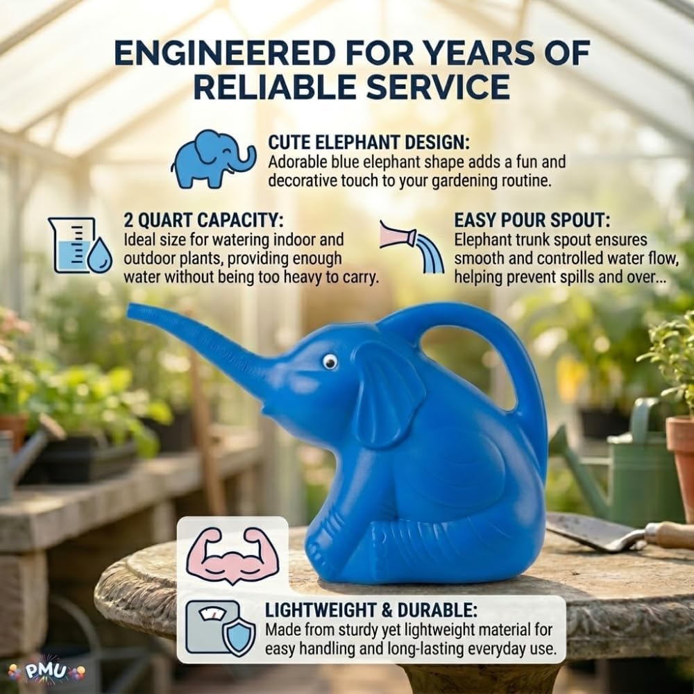 PMU 3Pcs 2-Quart Elephant Watering Can – Durable Plastic Garden Watering Can for Indoor & Outdoor Plants, Easy-Pour