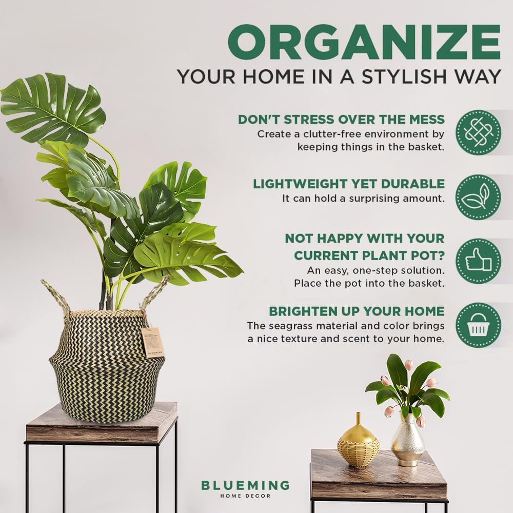 Blueming Home Wicker Plant Basket – Large Seagrass Floor Pot for Faux Olive Tree or Snake Plant, Black Decorative Woven