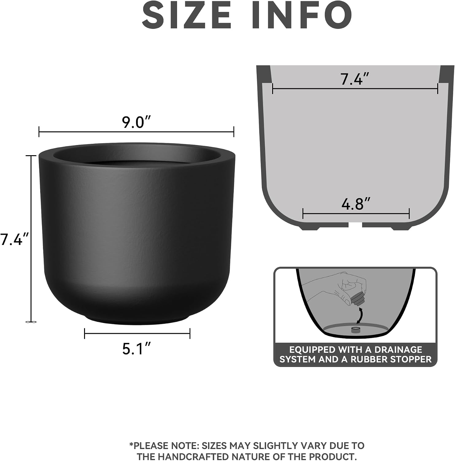 Kante Small Round Capsule Black Concrete Planter 9" Dia, Outdoor | Rubber Plug for Indoor, Drainage for Garden