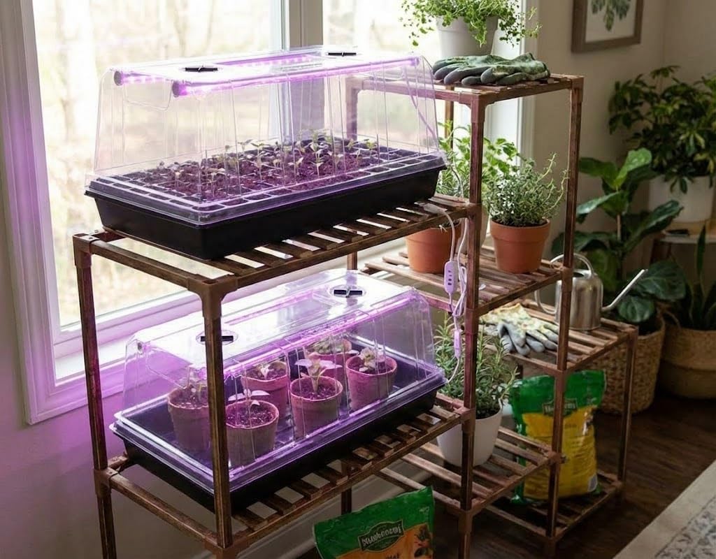 4-Pack 1020 Trays with Grow Light & 72 Cell Plug & 6.3" Tall Humidity Domes | Heavy Duty Plant Germination Kit for Seed