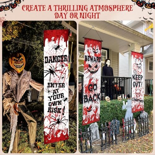 Mindsoft 4 Pcs Halloween Banners, Horror Warning Messages,Red Warning