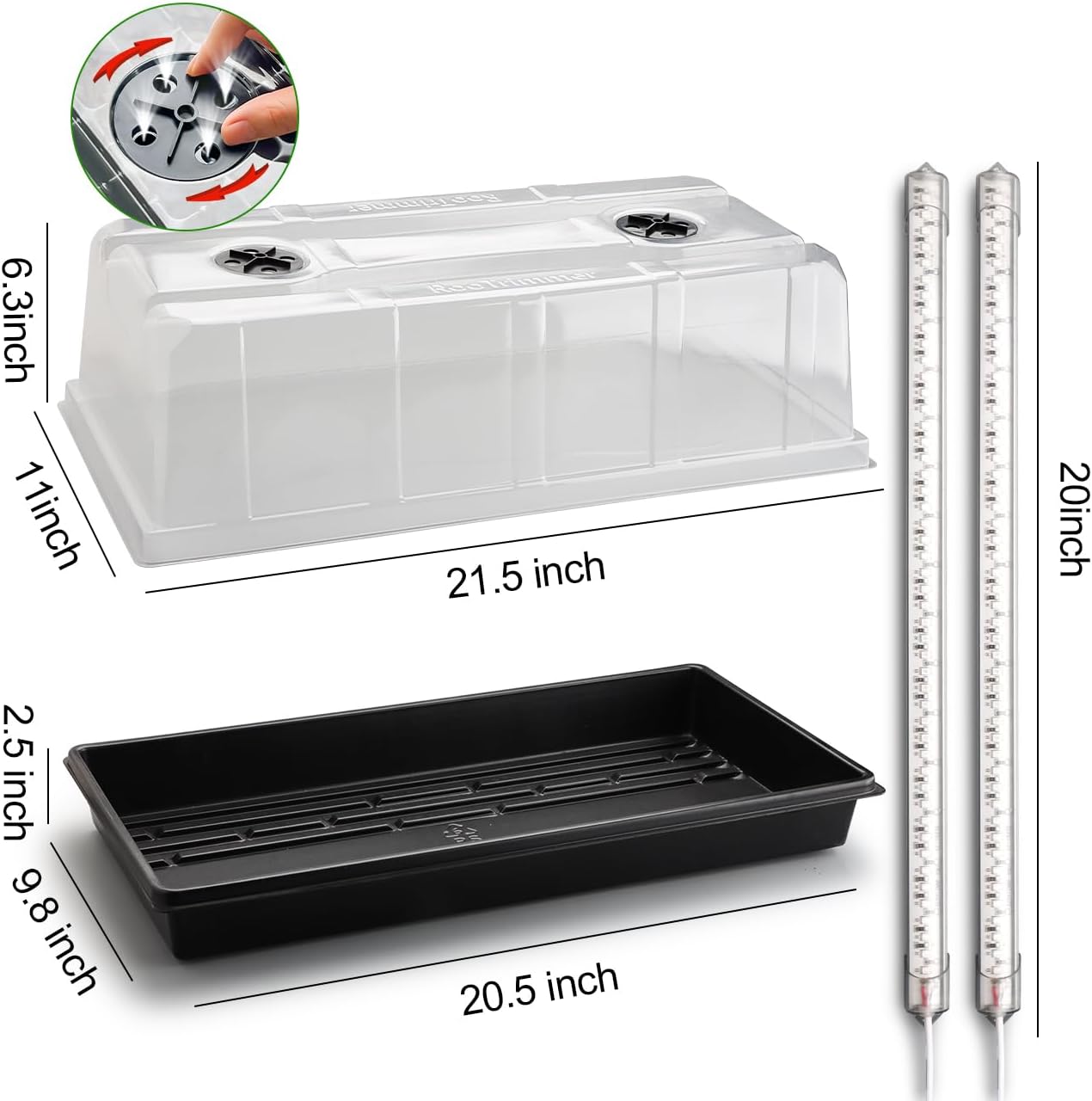 4-Pack 1020 Seed Starter Tray with Grow Light & 6.3" Tall Humidity Dome | Large Heavy Duty Plant Germination Kit for