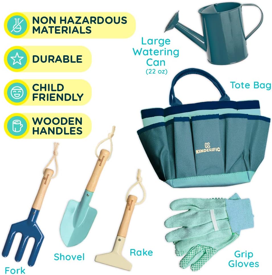 Gardening Set, Tool Kit, for Kids, STEM, Includes Tote Bag, Spade, Watering Can, Rake, Fork, Trowel and Gloves (Ocean