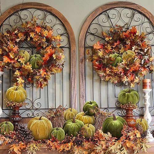 Woration 16pcs Fabric Fake Velvet Pumpkins Set Decoration Green Series