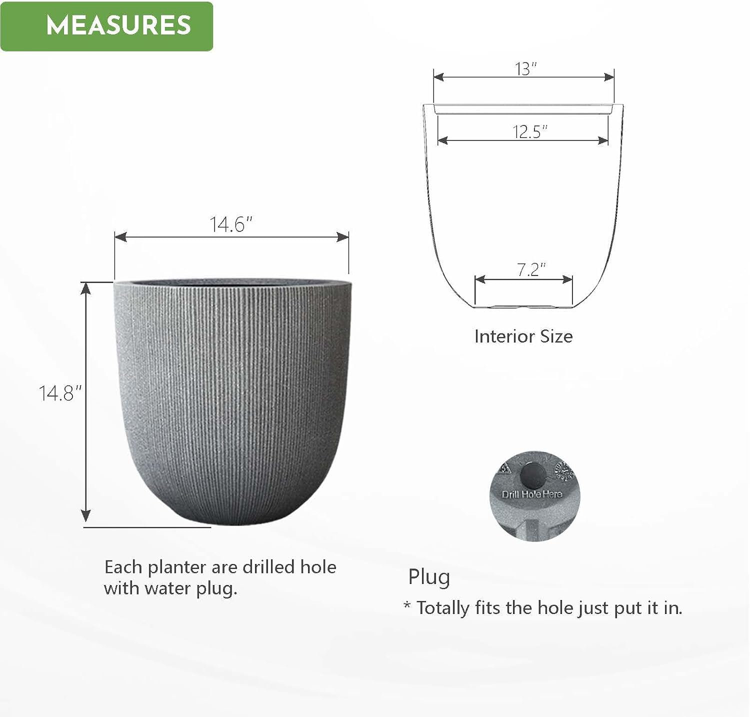 14.8"H Tall Tapered Ribbed Large Plastic Planter w/ Drainage Hole & Plug | Durable & Weatherproof, Indoor Outdoor Use
