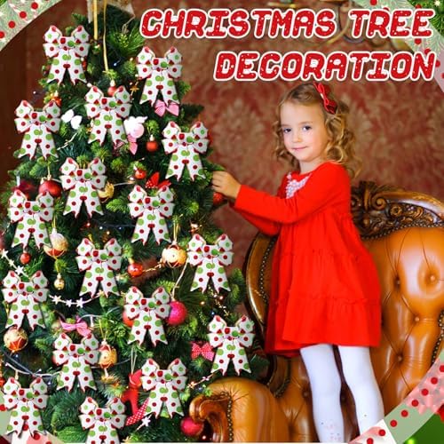 Lyrow 16 Pcs Large Christmas Bows Polka Dot Christmas Tree Bow, White Green