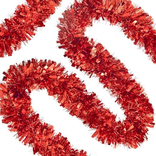 50FT Christmas Tinsel Garland, Red Metallic Twist Foil Tinsel Garland Xmas Hanging Decoration for Christmas Tree Wedding Birthday Home Party Decoration