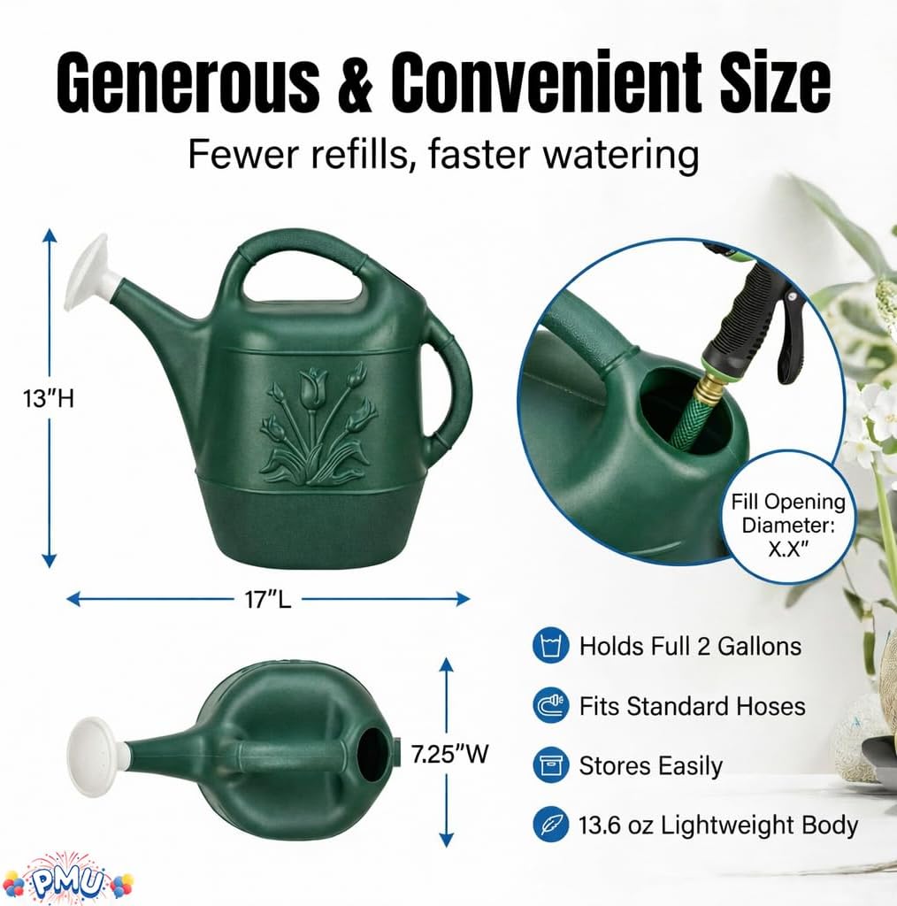 PMU 2 Gallon Watering Can - Garden Watering Can for Indoor & Outdoor Plants - Plastic Water Can with Detachable