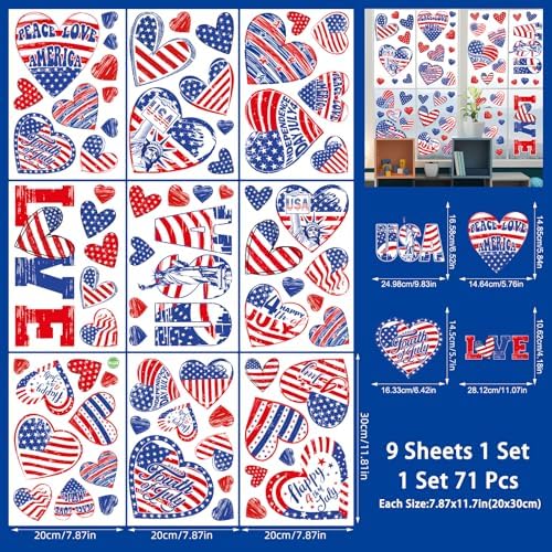 9 Sheets 250 Anniversary USA Stickers, 4th of July Window Clings, Heart Shape Patriotic Window Decals Happy 4th of July Windows Decorations for Independence Day Party