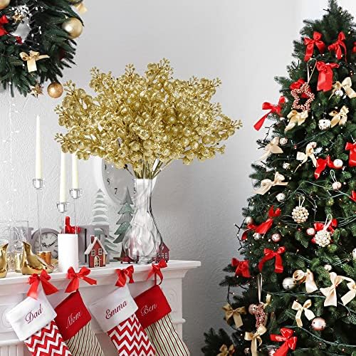 Sggvecsy 30Pcs Christmas Glitter Berries Stems Artificial Red Berry Branches Holly Picks Stems Christmas Tree Ornaments for DIY Xmas Wreath Crafts Gifts Holiday Home Decor (Gold)