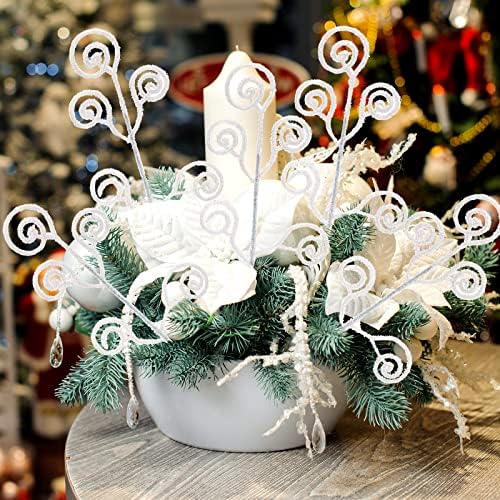 Ysleen 50 Pcs Glitter Tree Picks and Sprays Twigs Branches, White