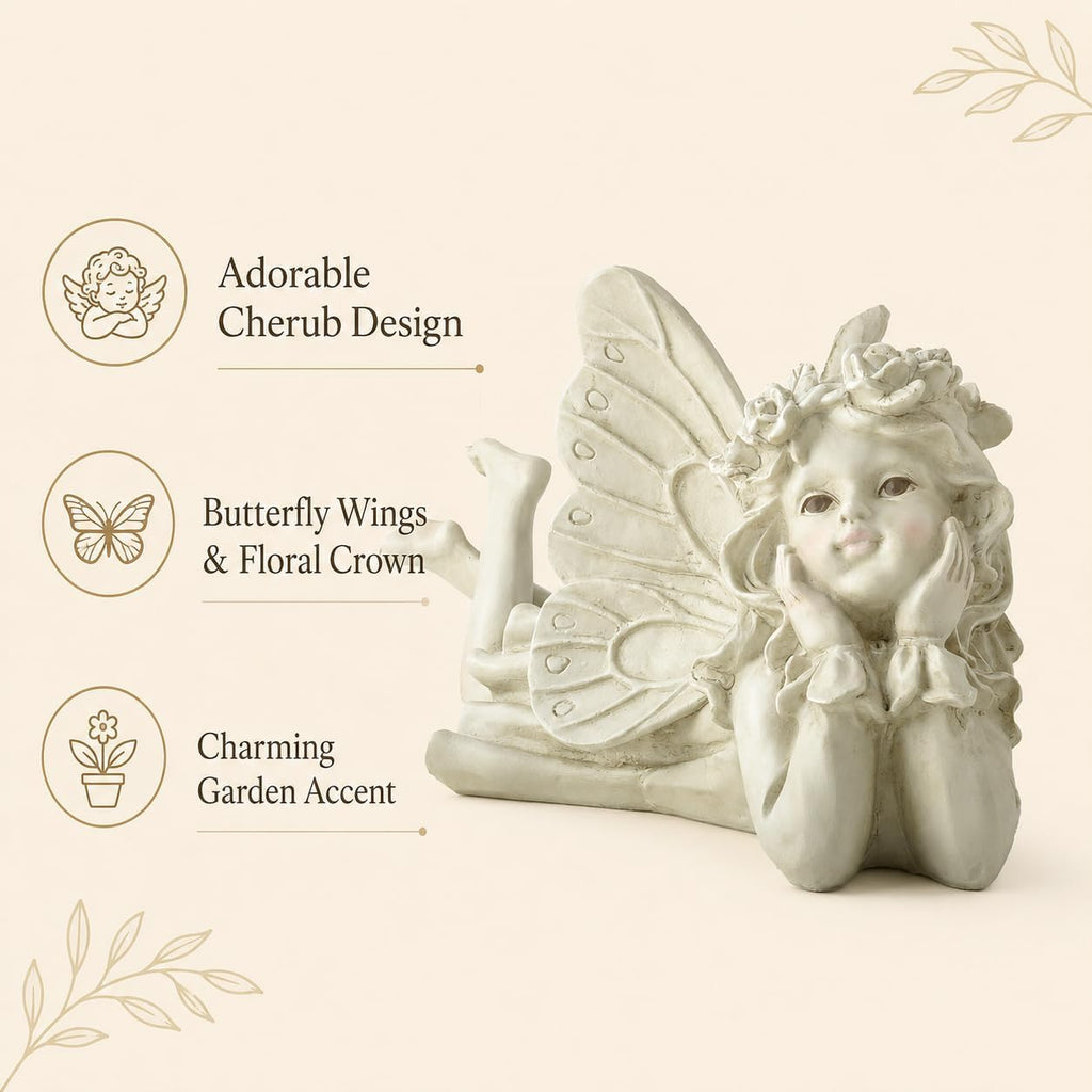 Laying Angel Garden Statue, Resin Fairy Figurine Outdoor Yard Decor | Whimsical Accent For Flower Beds, Patios, Shelves
