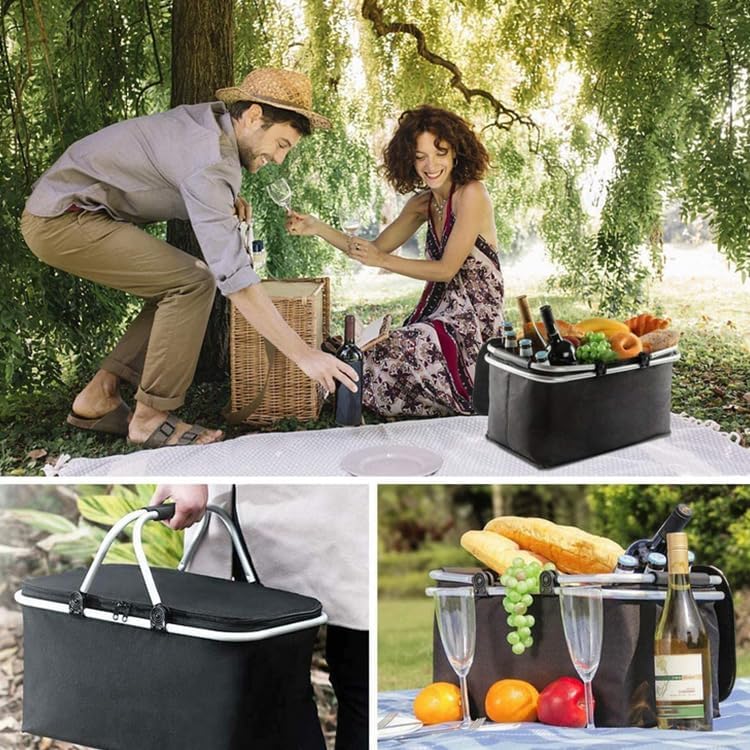 Foldable Insulated Picnic Basket 30L 31.7 QT Large Capacity Cooler Tote with Double Handles Thermal Shopping Basket for