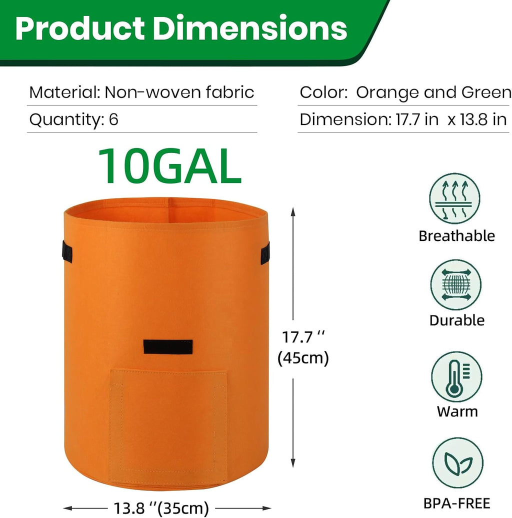 6 Pack Potato Grow Bags, 10 Gallon Planting Bags Large Fabric Pots with Flap Window Vegetable Planter Garden Pot Tall
