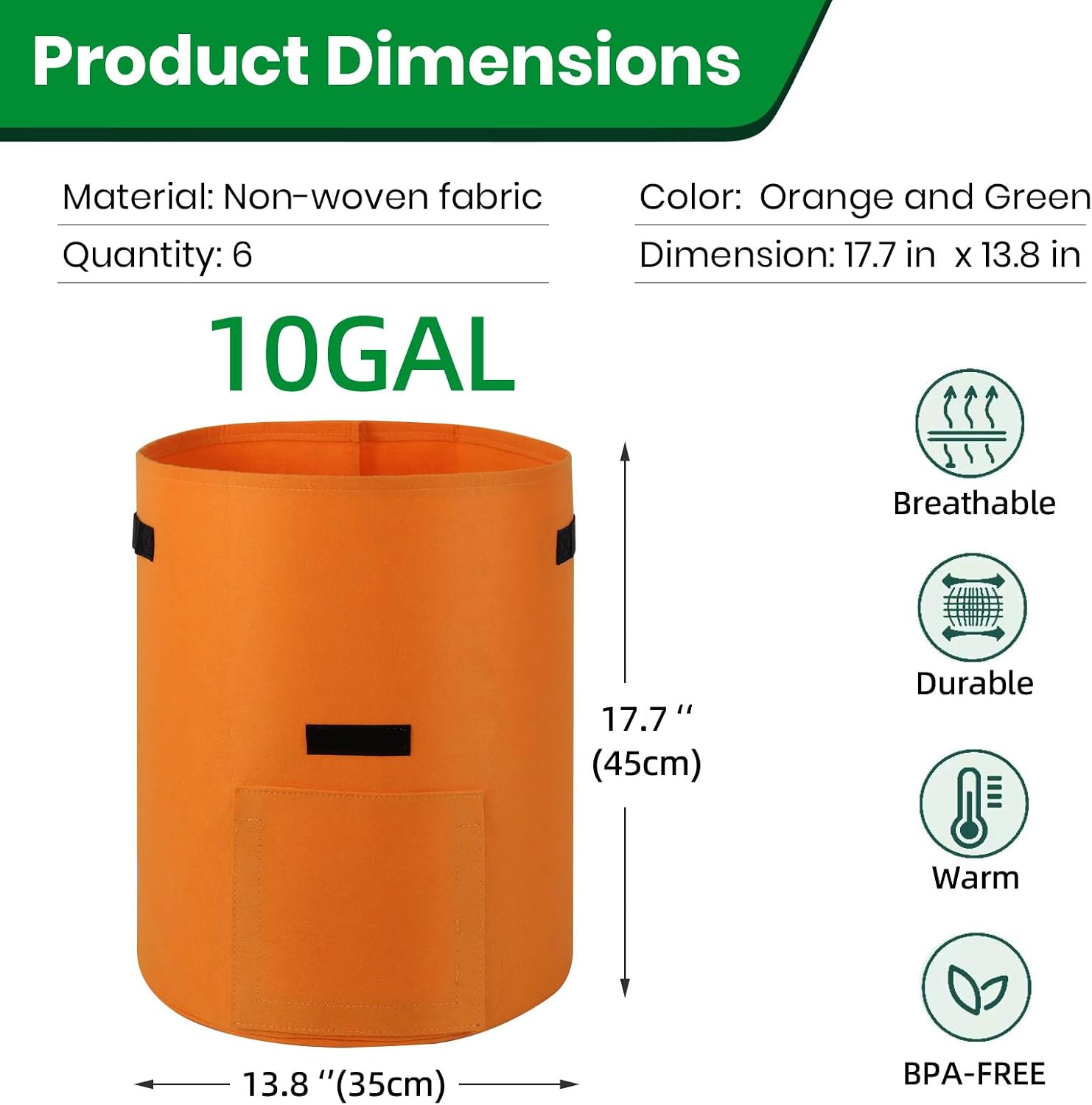 6 Pack Potato Grow Bags, 10 Gallon Planting Bags Large Fabric Pots with Flap Window Vegetable Planter Garden Pot Tall
