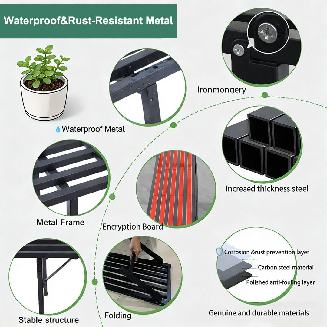 Foldable Single Tier Plant Stand, Heavy Duty Iron Plant Shelf，Anti-Rust Waterproof Flower Pot Stand, Tool-Free Quick