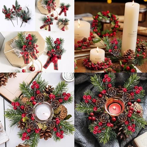 RONYOUNG 20PCS 4.5inch Red Berry Stems Pine Branches Evergreen Berries Décor Artificial Pine Cones Branch for Christmas Craft Wreath Pick & Winter Holiday