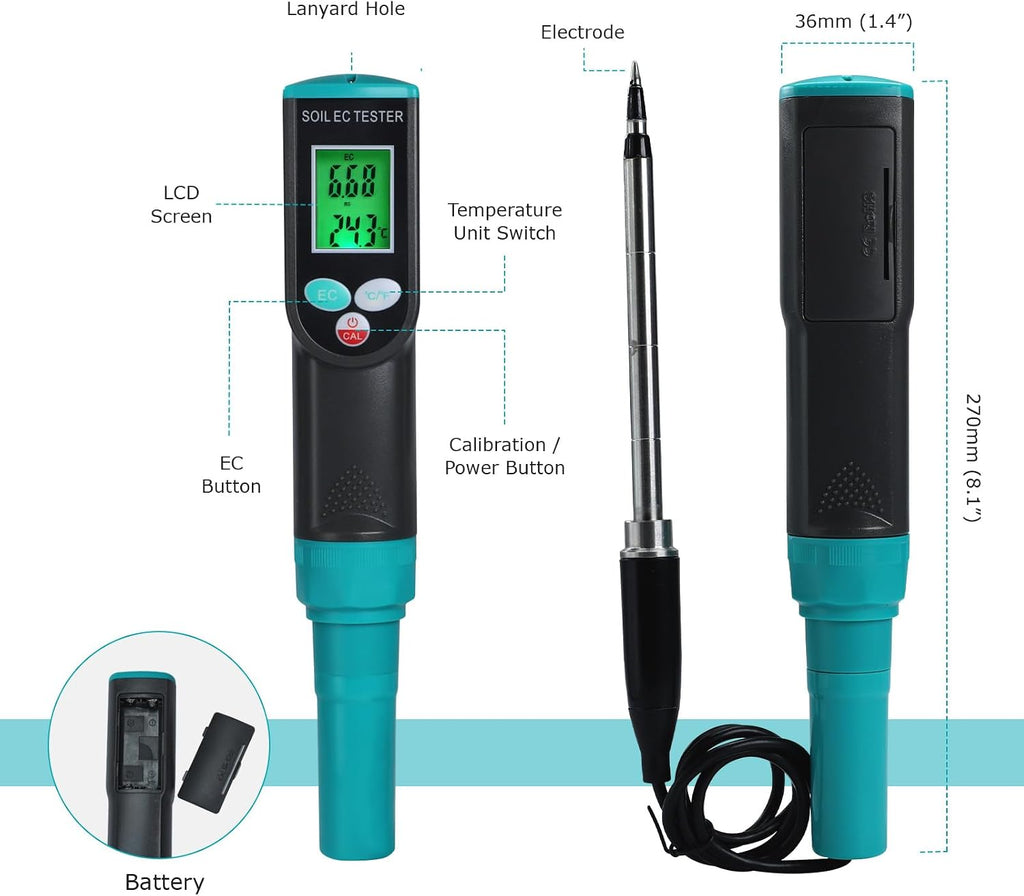 Digital Soil EC Meter 2-in-1 Porfessional Plants EC Temperature Tester Meter with Corded Sensor, Backlight LCD Display