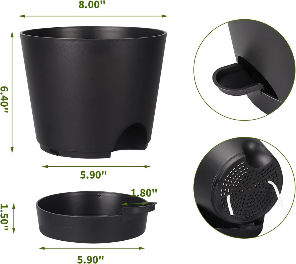 8 Inch Self Watering pots for Indoor, 6 Pack Plastic Plant Pots with Drainage Holes, Black