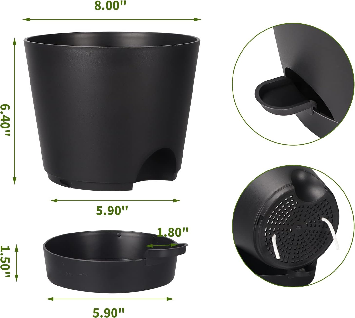 8 Inch Self Watering pots for Indoor, 6 Pack Plastic Plant Pots with Drainage Holes, Black