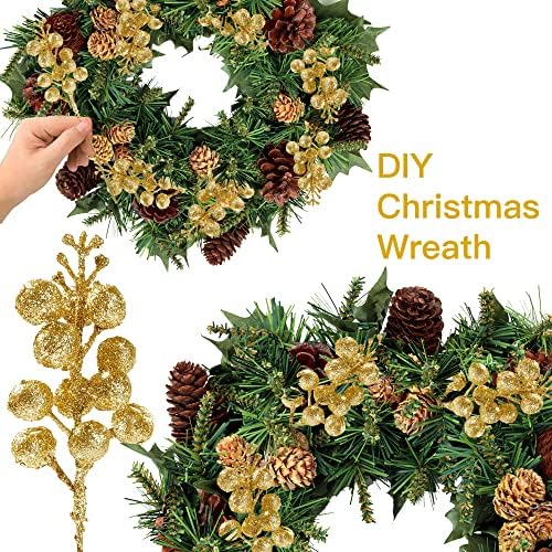 Sggvecsy 30Pcs Christmas Glitter Berries Stems Artificial Red Berry Branches Holly Picks Stems Christmas Tree Ornaments for DIY Xmas Wreath Crafts Gifts Holiday Home Decor (Gold)