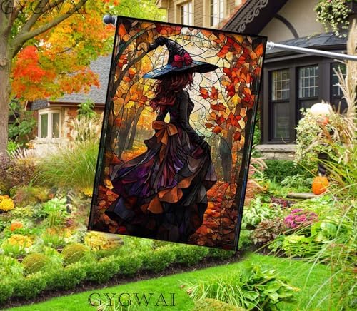 Halloween Witch House Flag 28x40 Double Sided Outside, Stained Glass Burlap Halloween Yard Flag for Fall Holiday Outdoor Decorations