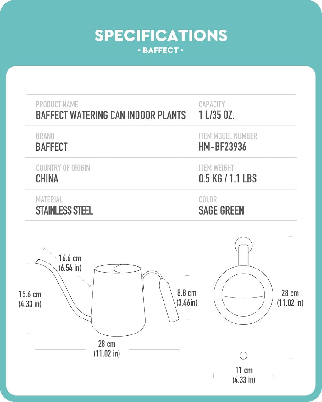 Baffect Watering Can Indoor Plants with Long Spout, 1L / 35oz (Sage Green) | Small Metal Watering Pot For Houseplant