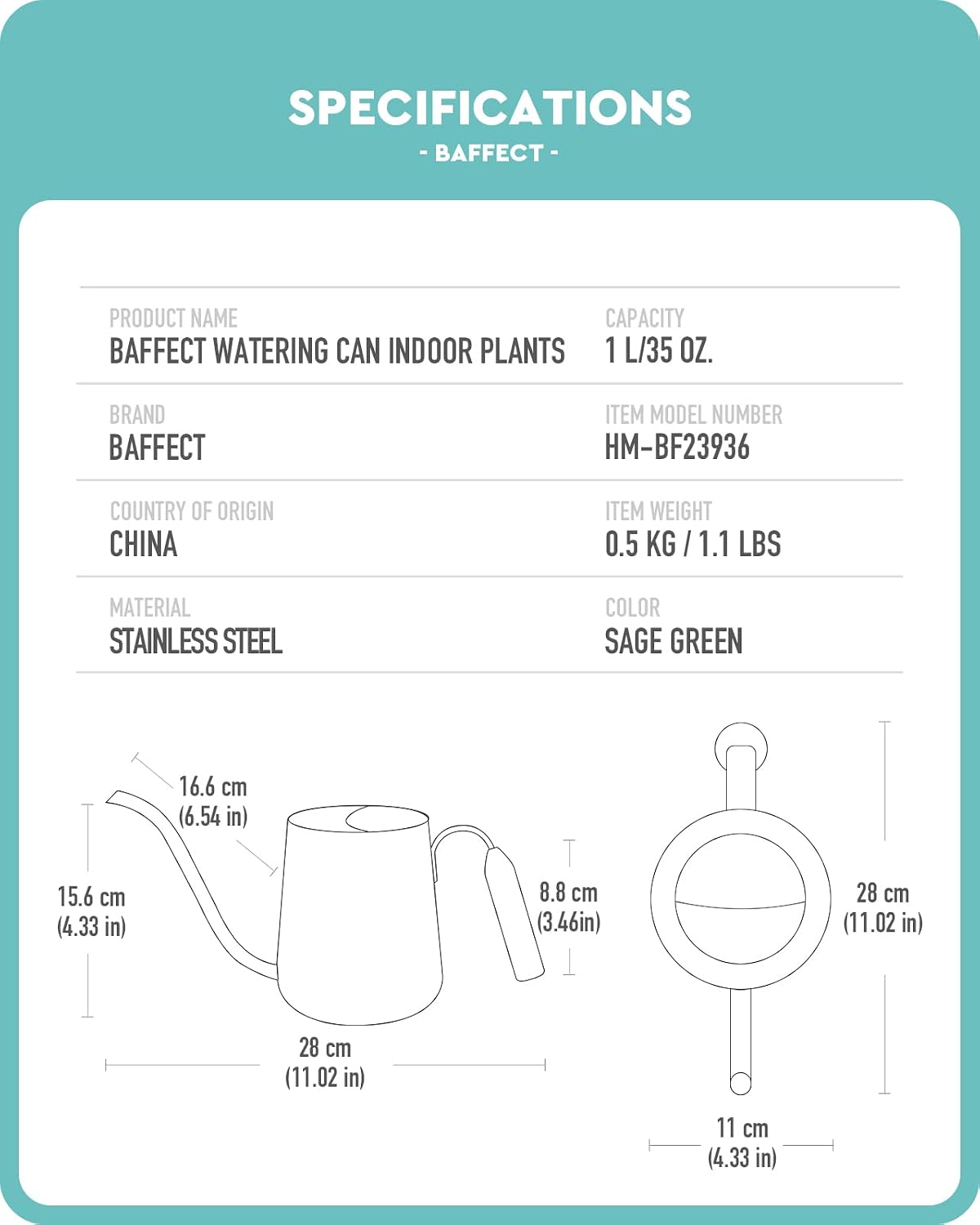 Baffect Watering Can Indoor Plants with Long Spout, 1L / 35oz (Sage Green) | Small Metal Watering Pot For Houseplant