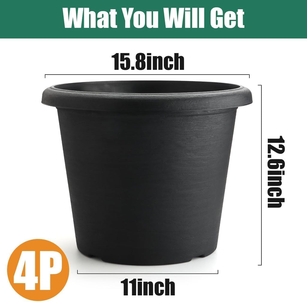 4 Pack 16 Inch Large Planters for Outdoor Plants with Drainage Holes | 16"Wx12" Tall, 30L Capacity Heavy-Duty Plastic
