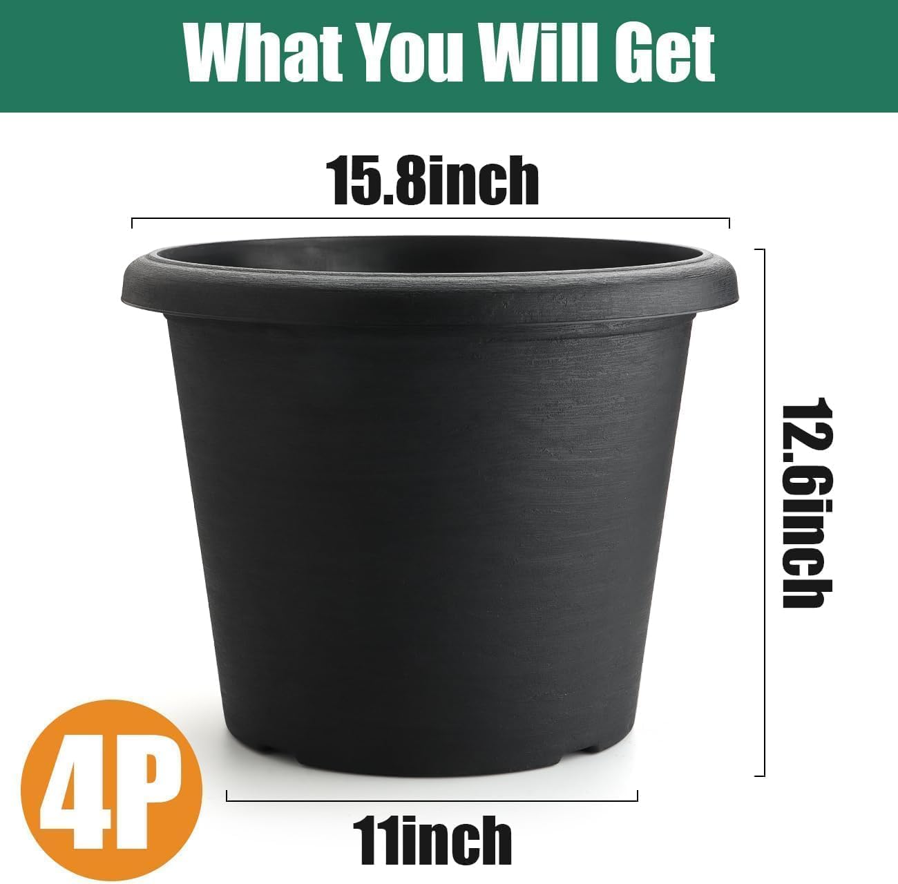 4 Pack 16 Inch Large Planters for Outdoor Plants with Drainage Holes | 16"Wx12" Tall, 30L Capacity Heavy-Duty Plastic