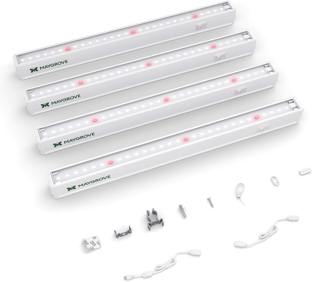 Maygrove T5 Grow Lights for Indoor Plants 1FT, Red-Enhanced Full Spectrum 5000K Grow Light, 28W(4 x 7W), Grow Light Strips for Seed Starting, Greenhouse, High PPFD, Linkable, White, 4-Pack