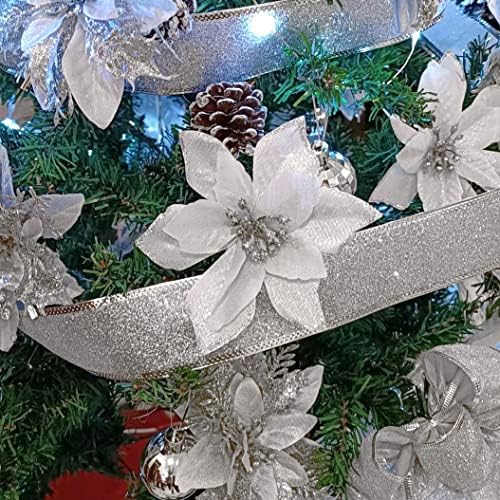 Gardeningwill 12Pcs 5 Inch Glitter Artificial Poinsettia Flowers with Ties for Wedding Christmas Festival Holiday Decor Xmas Wreath Garland Ornament Silver