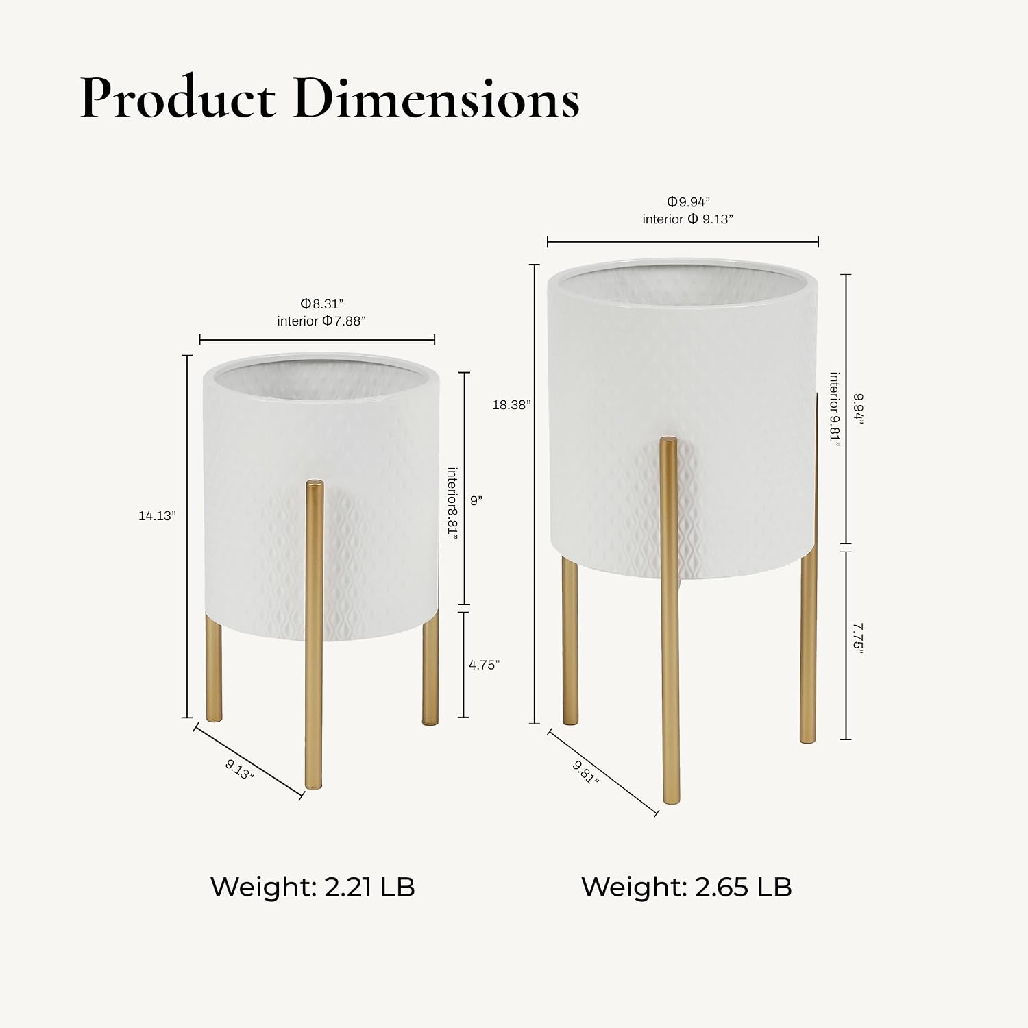 LuxenHome Indoor Planters, Set of 2 White Planter with Gold Metal Stand | Planters for Indoor Plant, Indoor Plant Pots