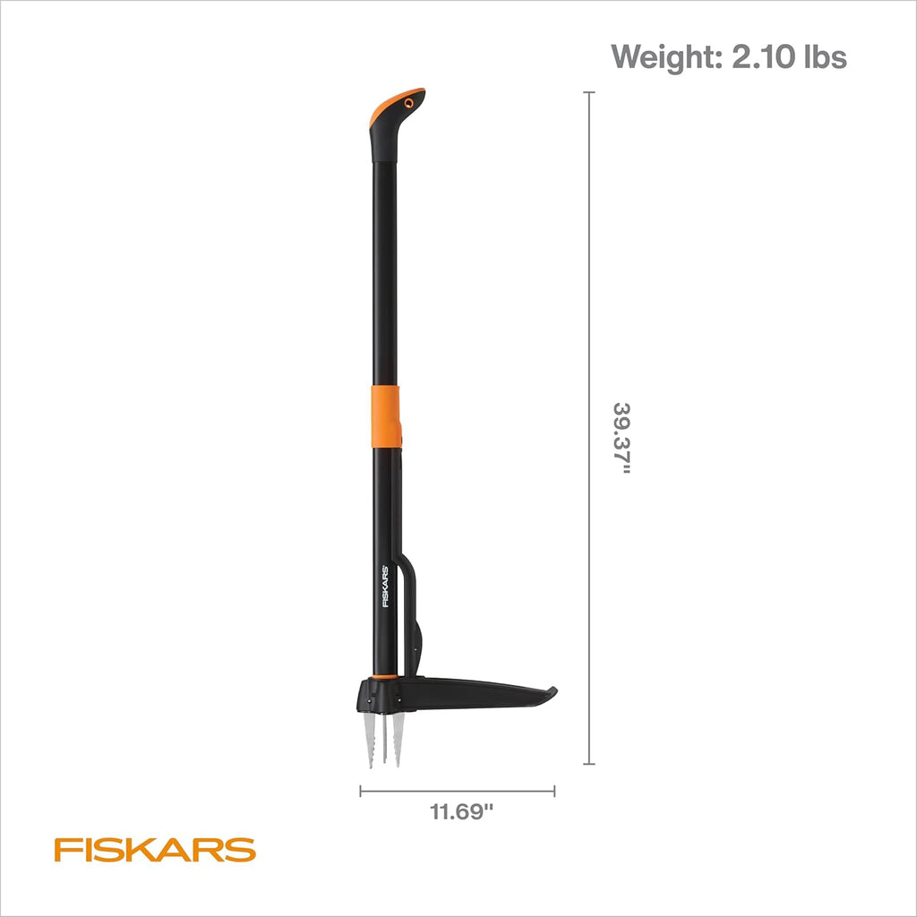 Fiskars Deluxe Stand-Up Weed Puller Tool, 4 Serrated Stainless Steel Claws | Claws Grip Dandelion Roots & More for