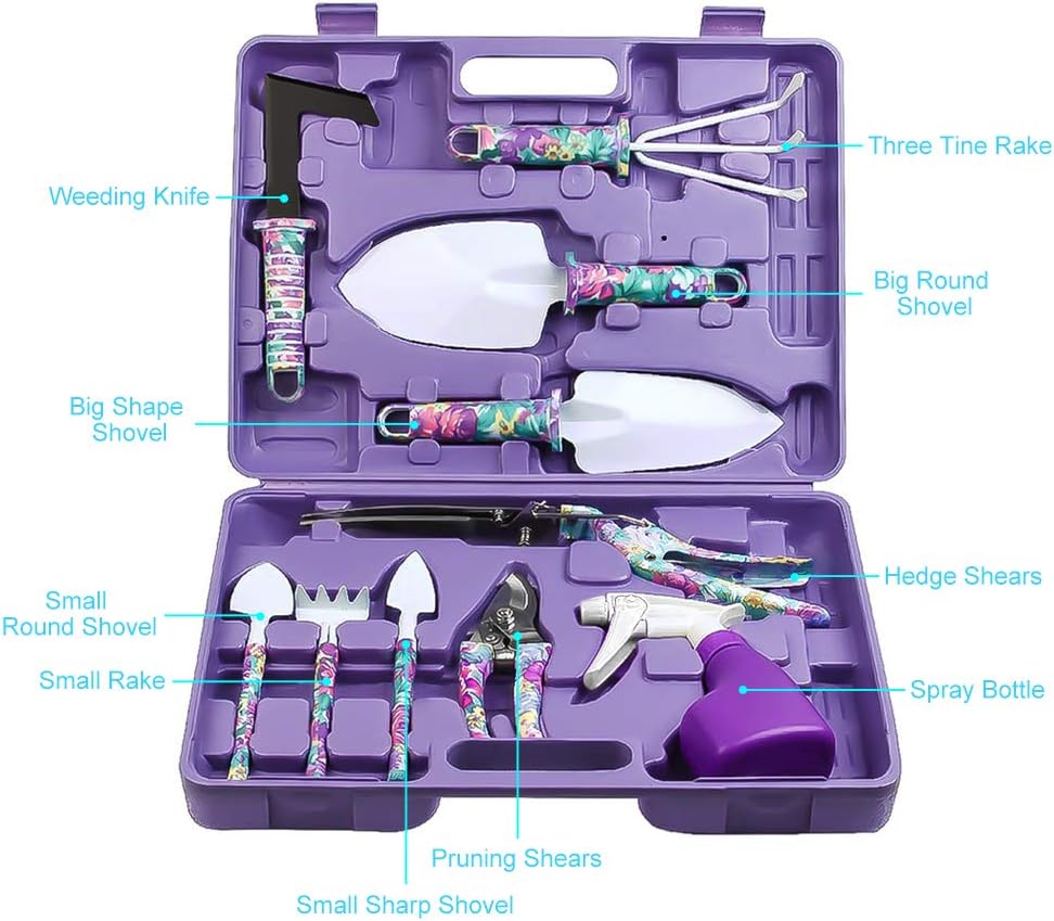 Jhua Garden Tool Set, 10 Pieces Gardening Tools Kit with Purple Flower Print, Ergonomic Handle Trowel Rake Weeder