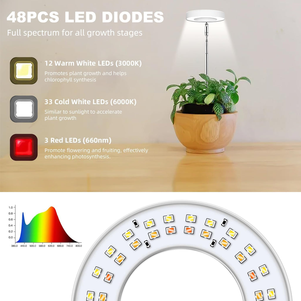 Kullsinss 3.5in Small Grow Lights for Indoor Plants, 48 LEDs Full Spectrum | White Plant Light with Base, Timer &