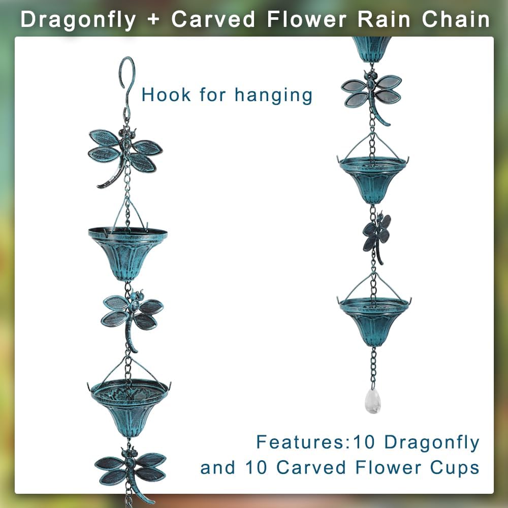 Vindar 8.5 Feet Retro Iron Dragonfly Rain Chain for Gutters Downspouts Uutside, Antique Sky Blue Color 10 Flower Cups