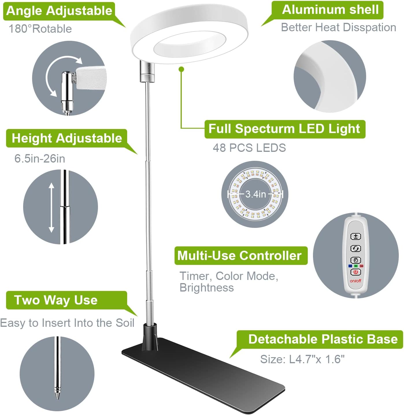 Kullsinss 3.5in Small Grow Lights for Indoor Plants, 48 LEDs Full Spectrum | White Plant Light with Base, Timer &