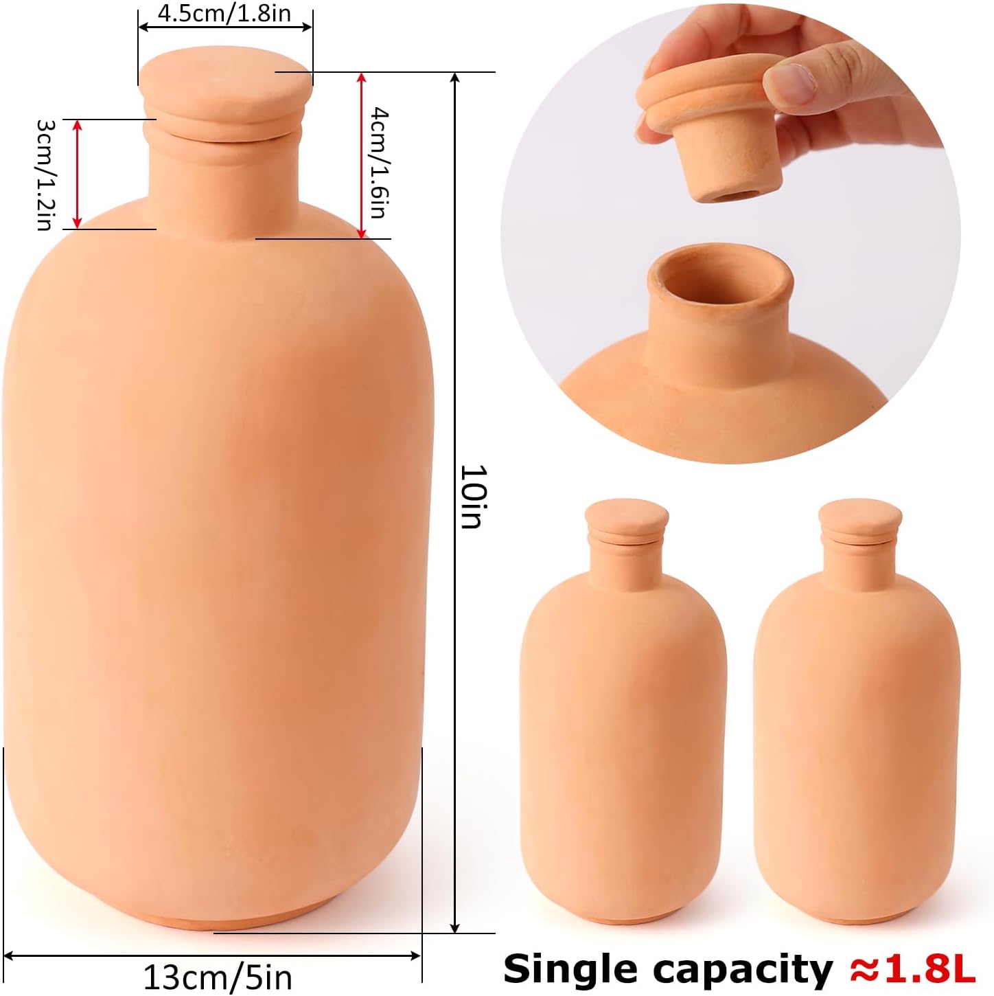2 pcs Large 10x5in Ollas Terracotta Watering Pots Self Watering Planter Insert 1.8L Terra Cotta Clay Watering Spikes
