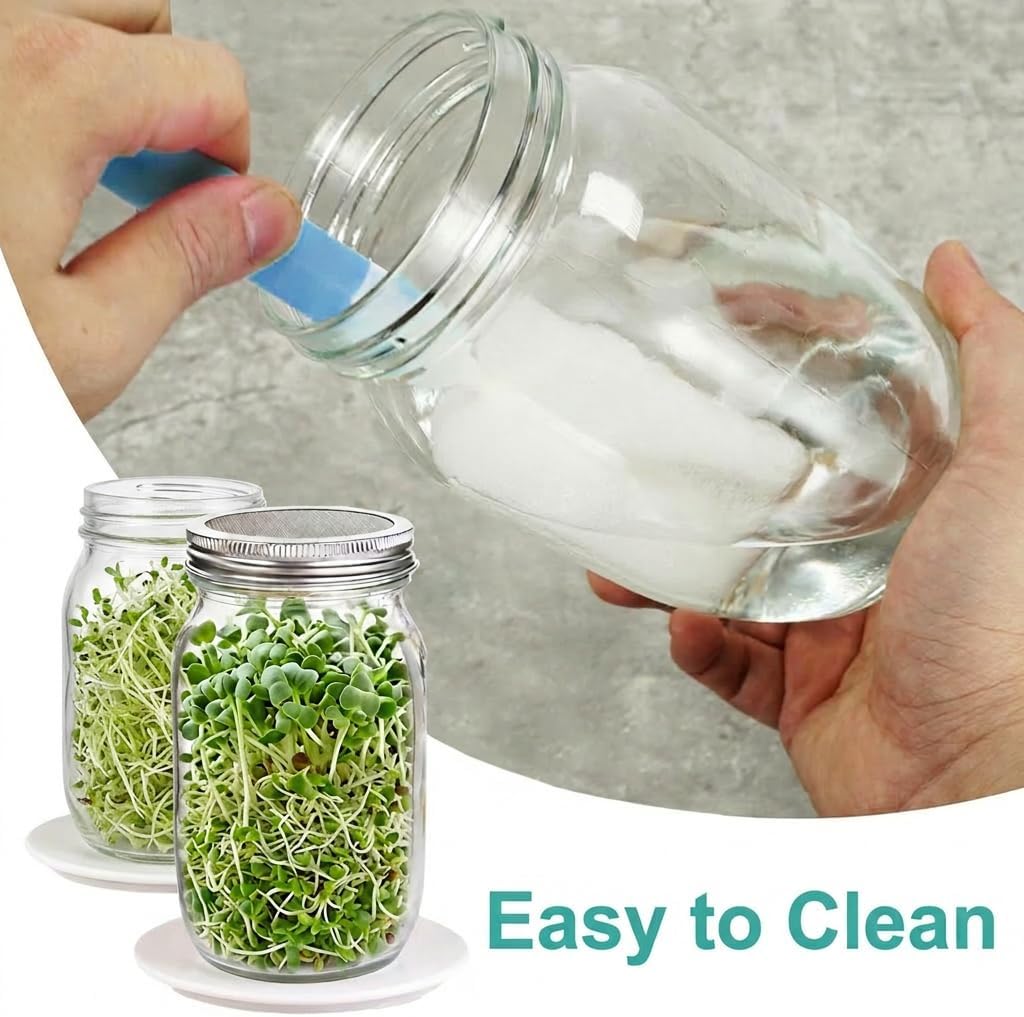 4 Pack Wide Mouth Sprouting Jar Kit, Lids, Stands, Trays & Cleaning Brushes | Glass Jar Set with with Stainless Steel