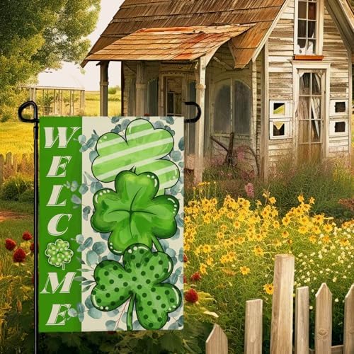 St Patricks Day Garden Flag 12x18 Inch Green Shamrock Garden Flags for Outside Welcome St.Patrick's Day Yard Flags Outdoor Holiday Decor for Graden Lawn Double Sided