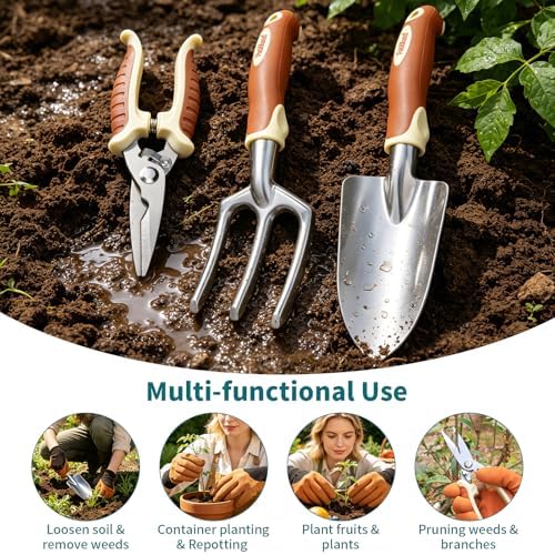 Brown Garden Tool Set 4-Piece, Trowel, Fork, Pruning Shear&Gloves