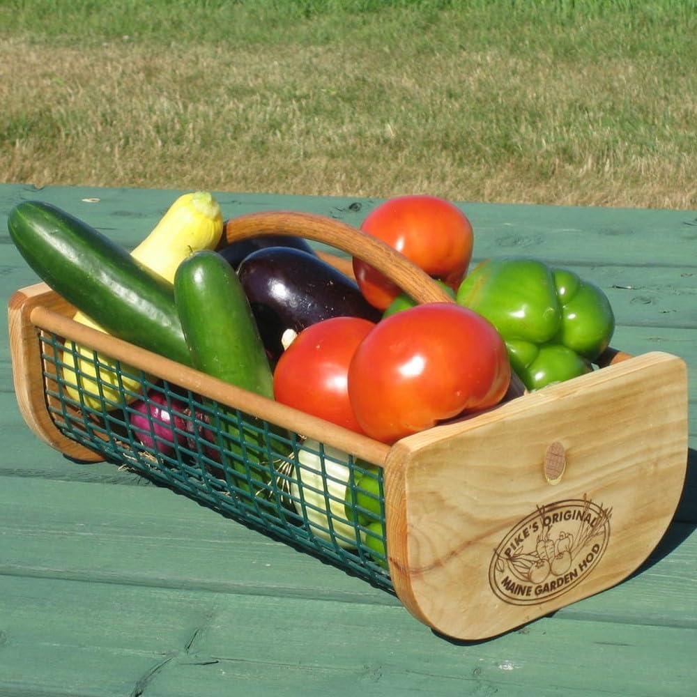 Maine Garden Hod Basket for Vegetable Gardening and Harvest Gathering or Farmhouse Decor, Pine and Oak with PVC Wire