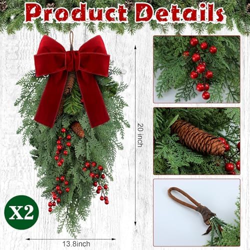 Knitgrip 2 Pack Christmas Teardrop Swags Artificial Wreath with Pine Cones