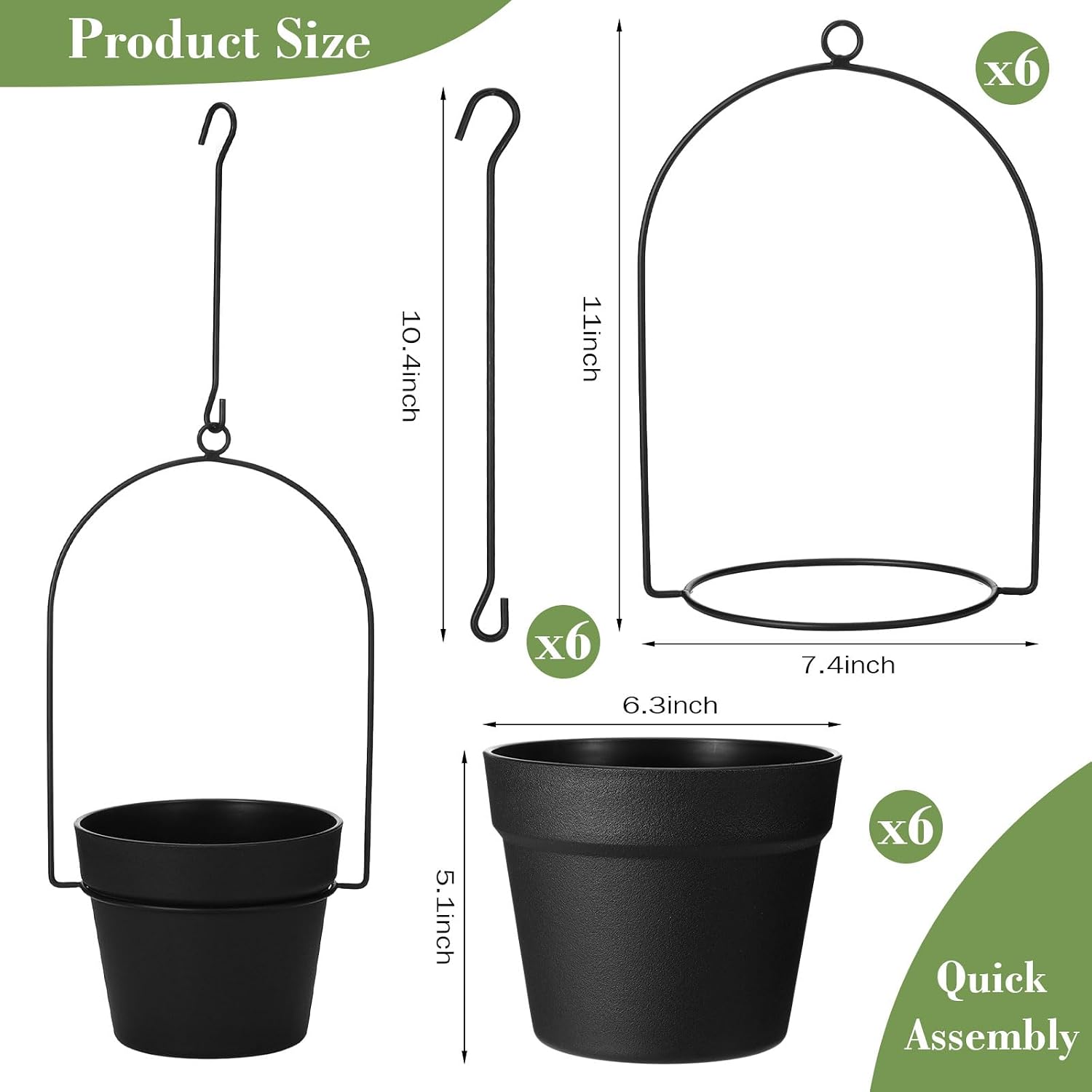 Hushee 6 Packs Metal Hanging Planters for Outdoor Indoor Plants Plant Hanger with 6.3'' Plastic Pots Hanging Planter