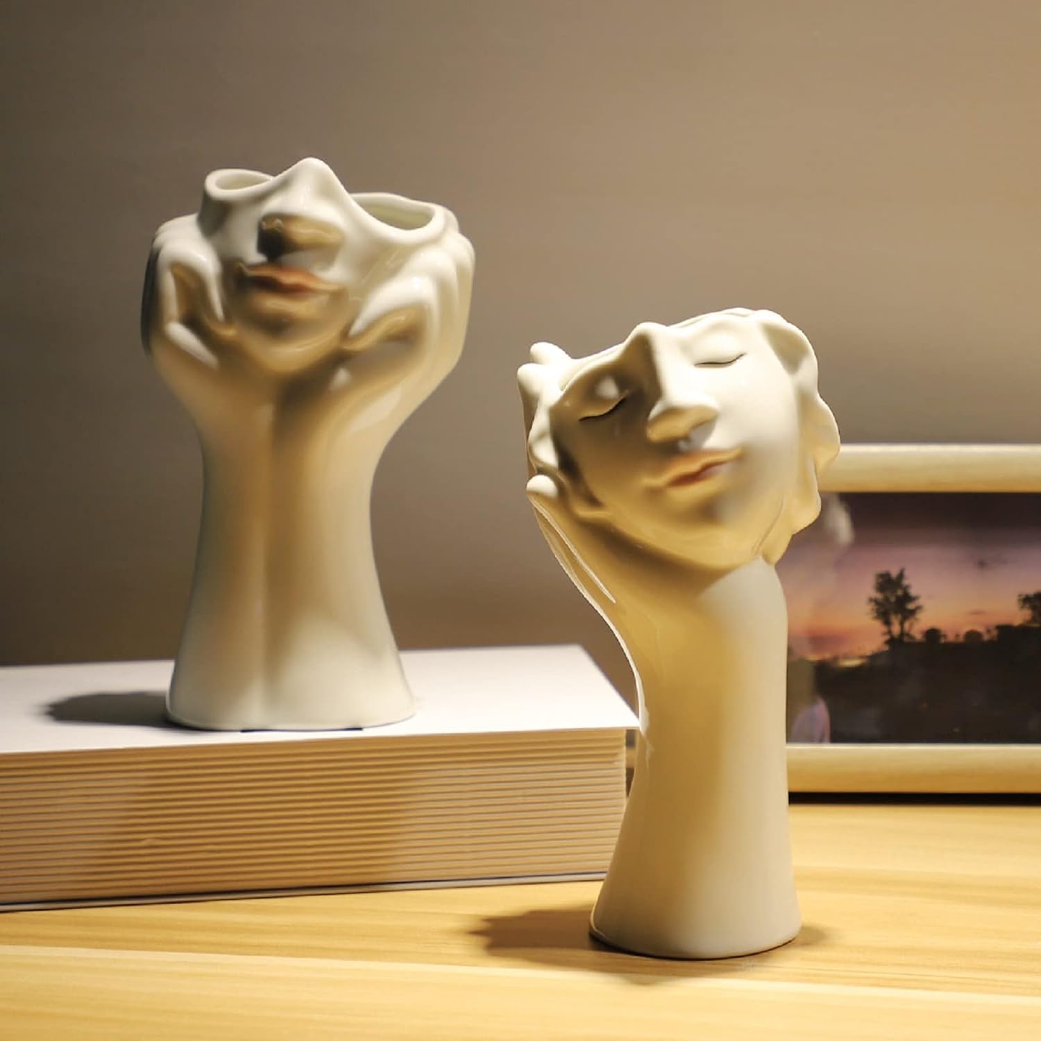 Female Head Face Vase, Ceramic Plant Pots, Flower Planter Figurines Statue Table Centerpieces Sculpture for Wedding