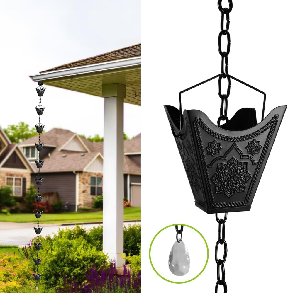 Vindar Rain Chains, 3D Mandala Carving Black Rain Chain, 8.5ft Large Cup Powder Metal Rain Chains for Outside