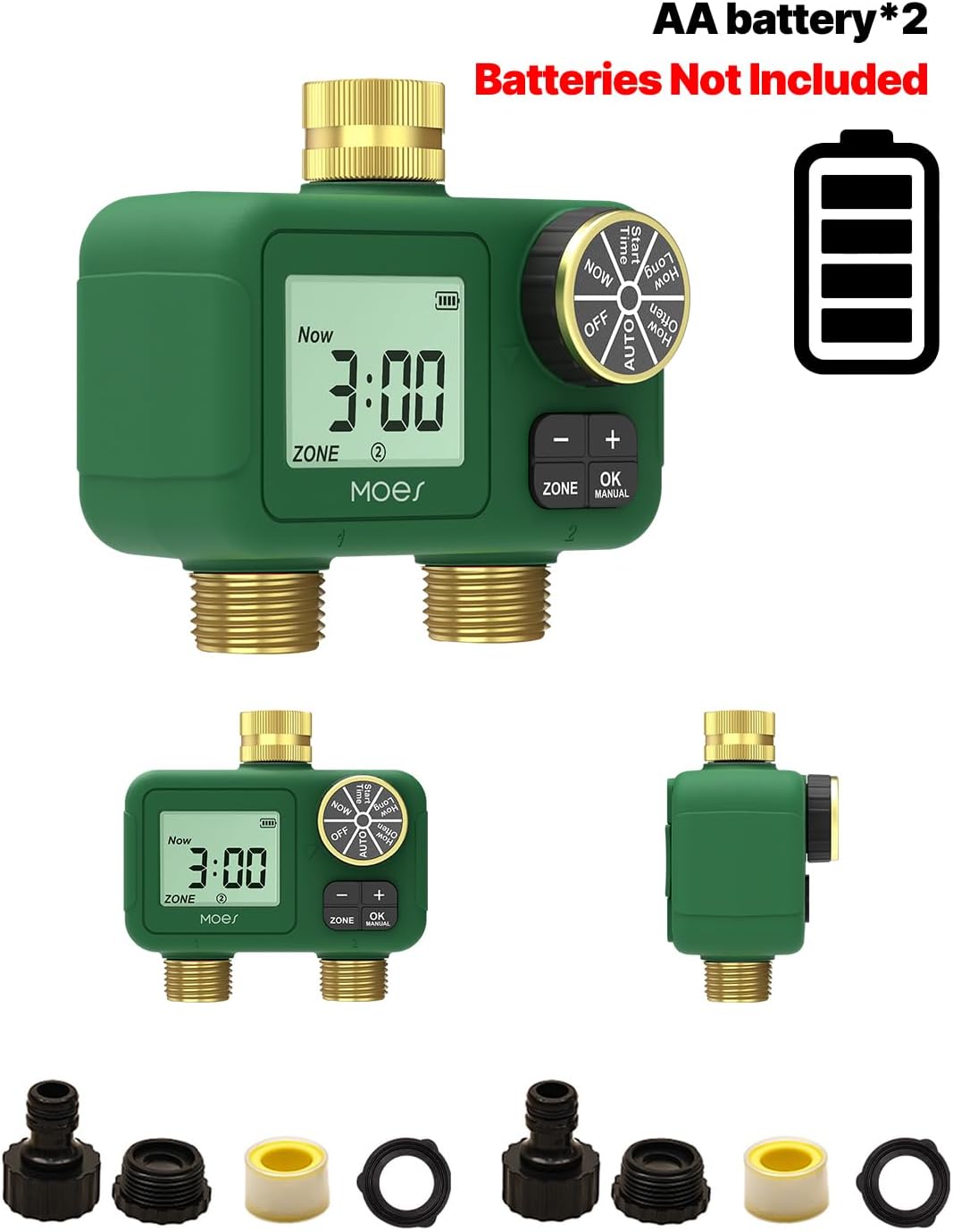 MOES 2 Zone Water Timer, Brass Fittings, Rain Delay, No Wi-Fi Required | 2 Independently Programmable Outlets With 3/4
