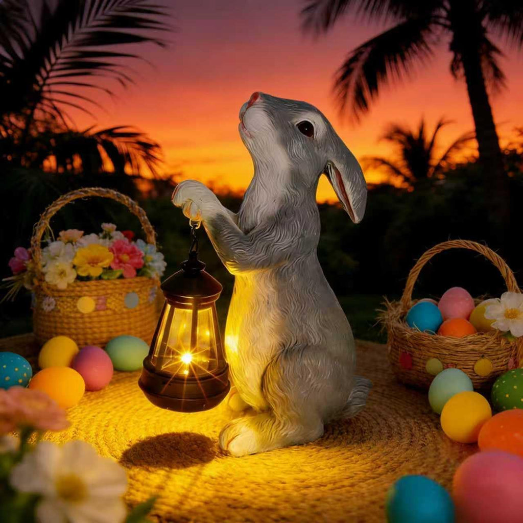 11.8 Inch Solar Rabbit Statue with Glowing Lantern, Handcrafted Resin Easter Bunny Figurine, Waterproof Outdoor Garden